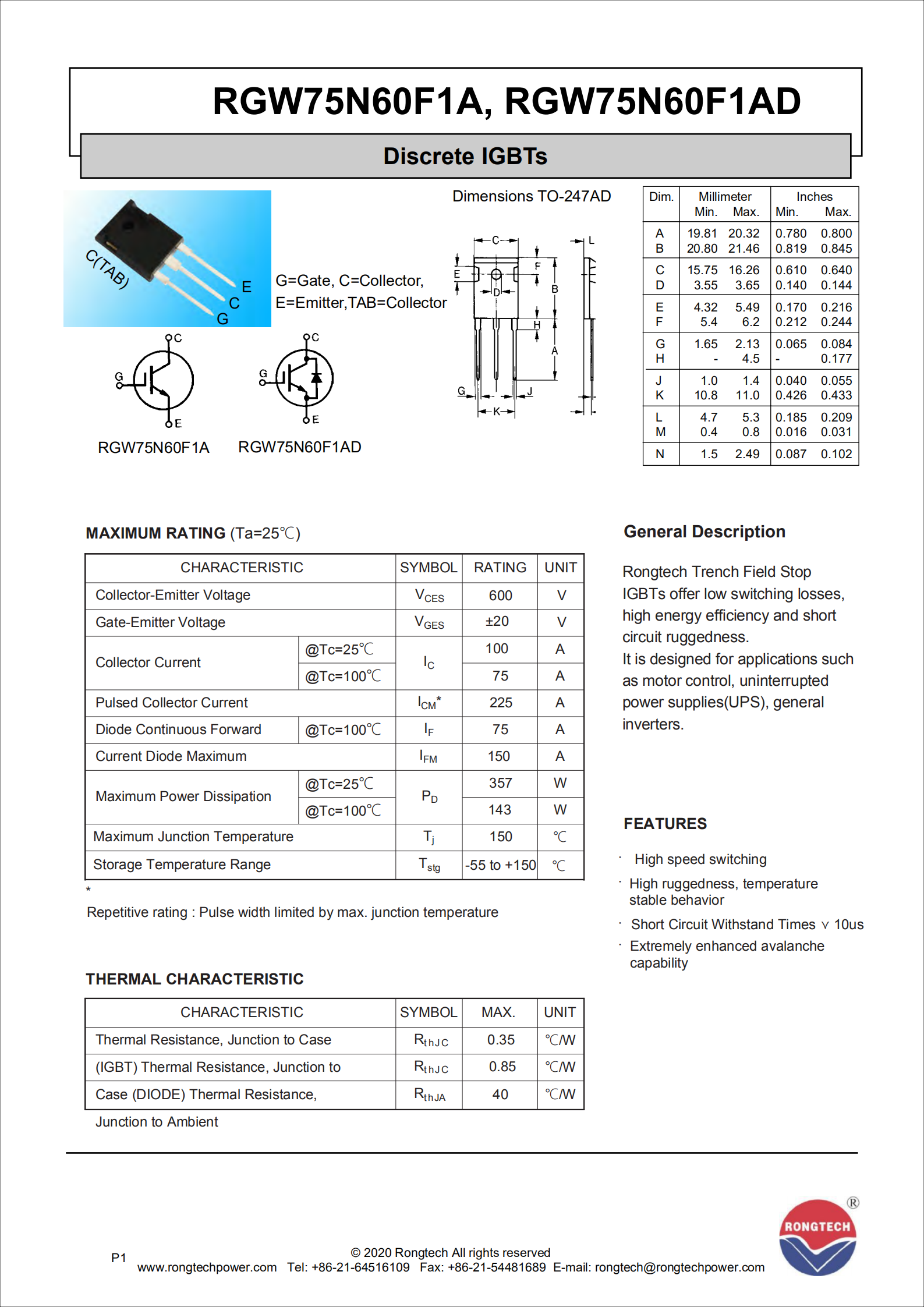 RGW75N60F1A–RGW75N60F1AD-rongtechsemi