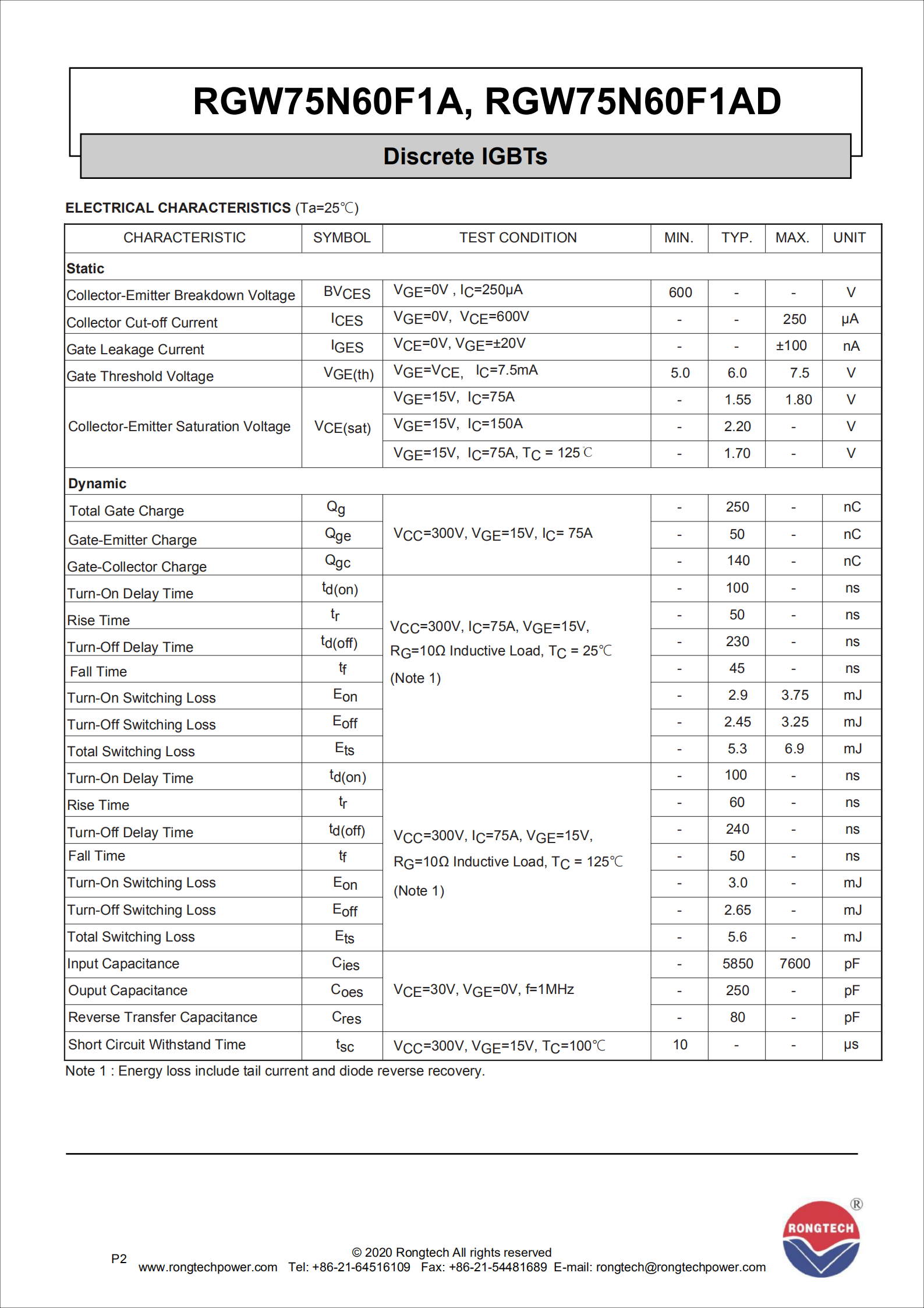 RGW75N60F1A–RGW75N60F1AD-rongtechsemi
