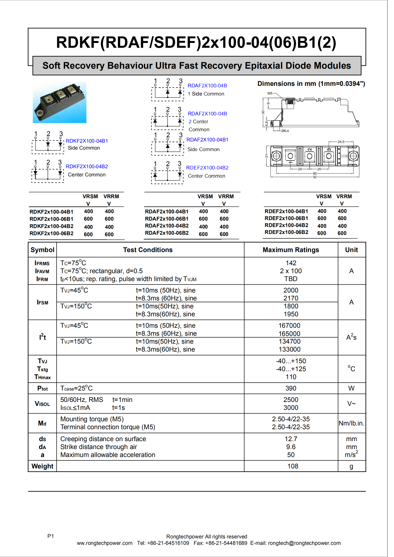 RDKF(RDAF-SDEF)2X100-04(06)B1(2) Ultra-Fast Recovery FRD Module-rongtechsemi