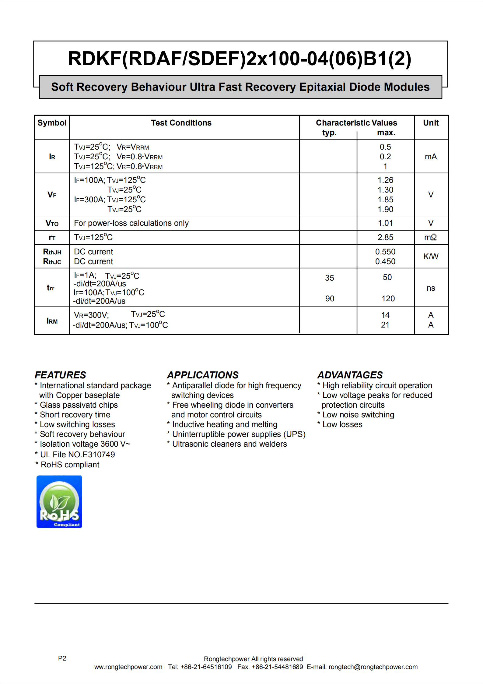RDKF(RDAF-SDEF)2X100-04(06)B1(2) Ultra-Fast Recovery FRD Module-rongtechsemi