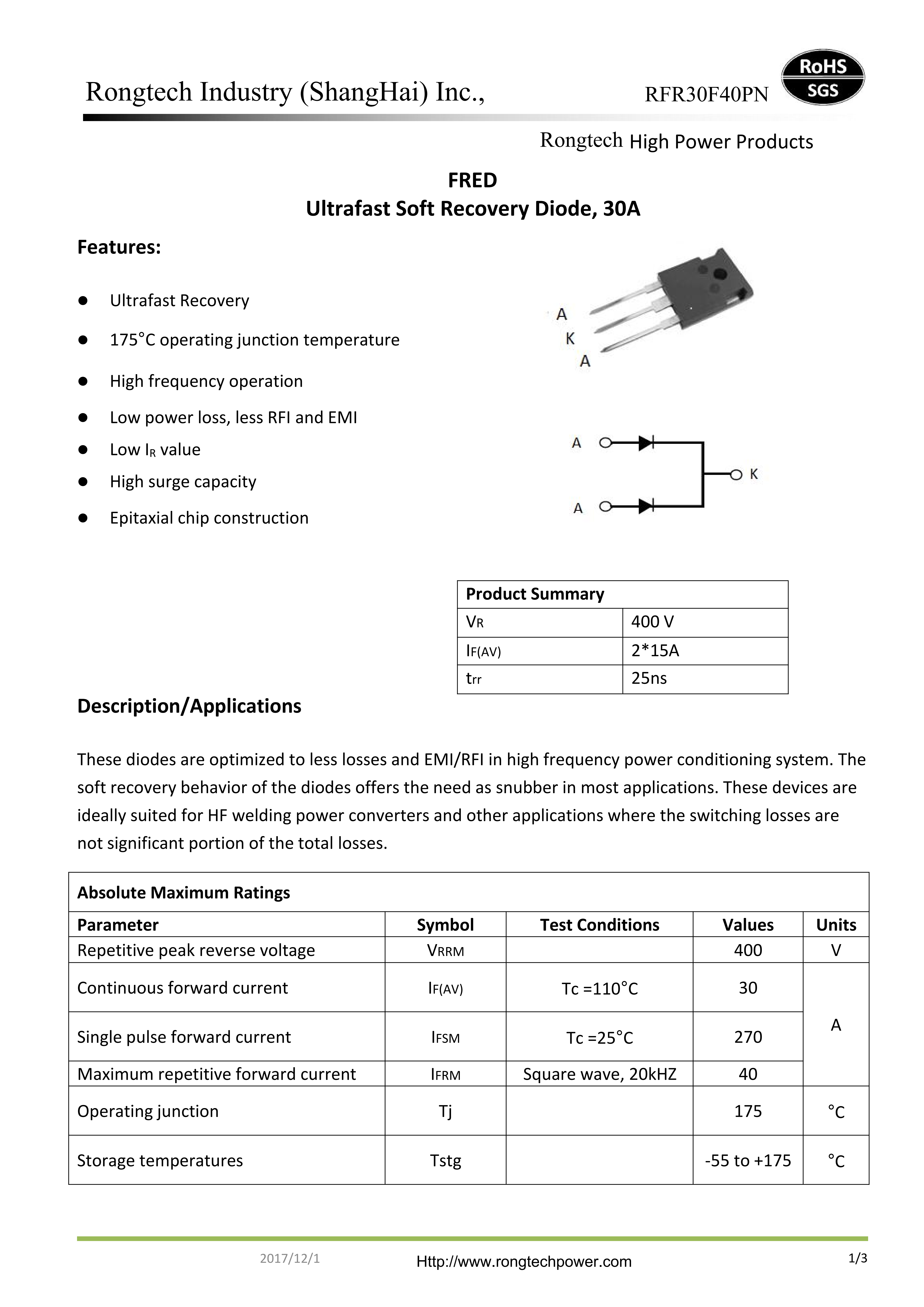 RFR30F40PN super-fast recovery FRD diode-rongtechsemi