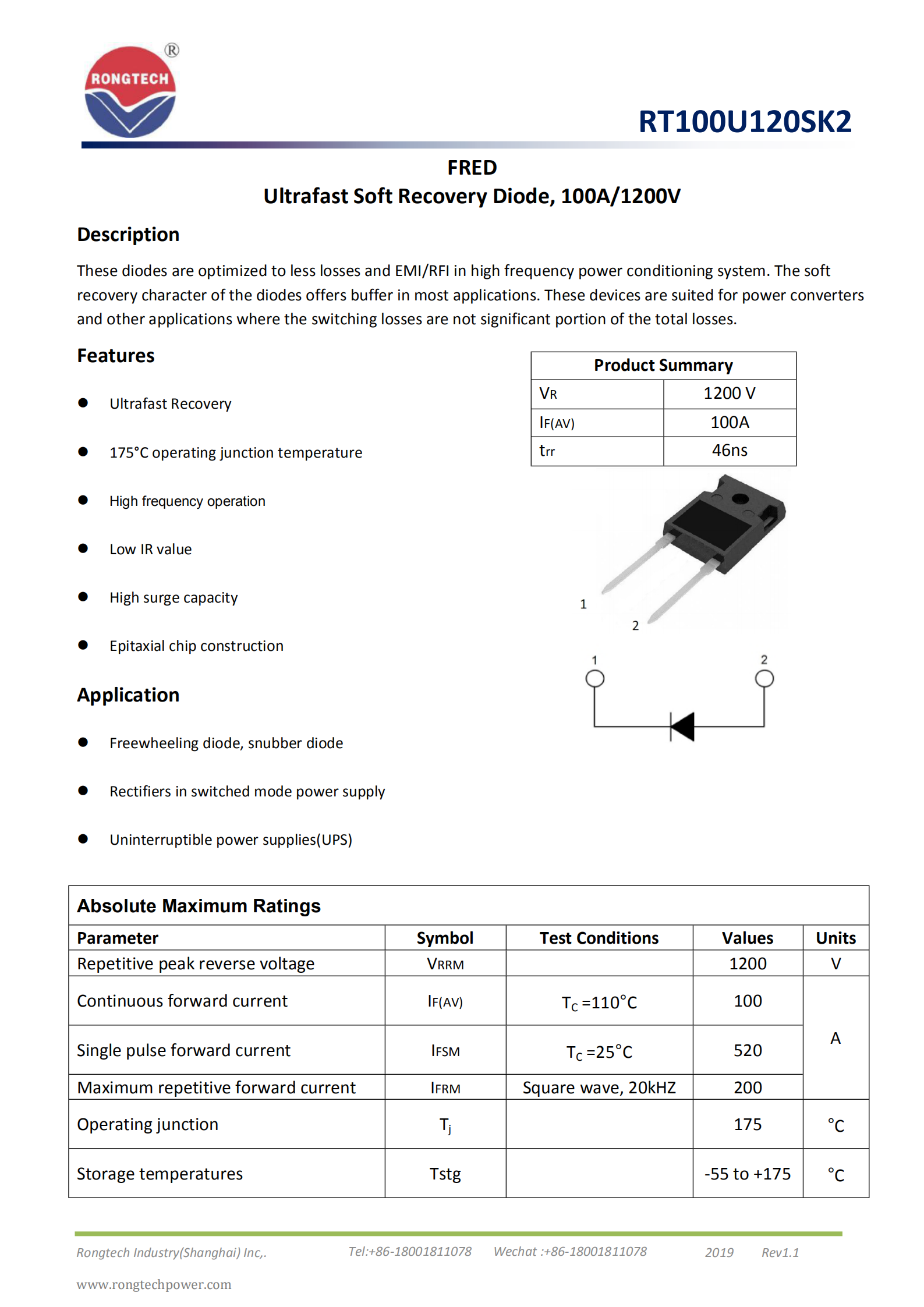 RT100U120SK2 Ultrafast Soft Recovery FRD diode-rongtechsemi