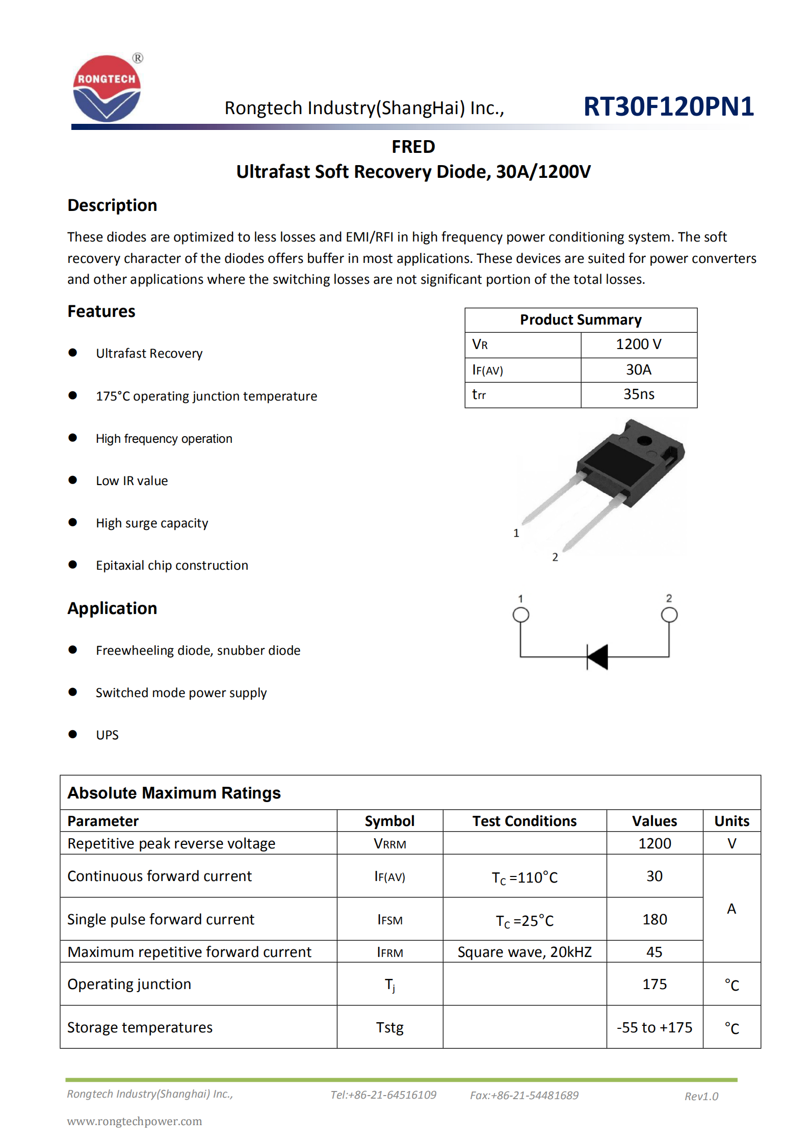 RT30F120PN1 Ultrafast Soft Recovery FRD diode-rongtechsemi