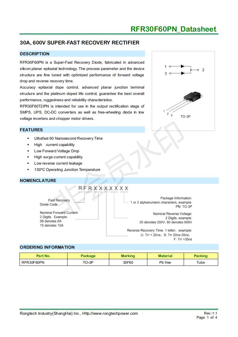 RFR30F60PN super-fast recovery FRD diode-rongtechsemi