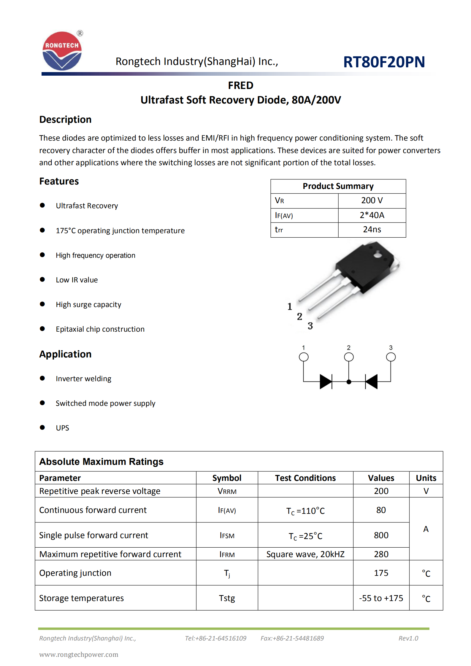 RT80F20PN Ultrafast Soft Recovery FRD diode-rongtechsemi